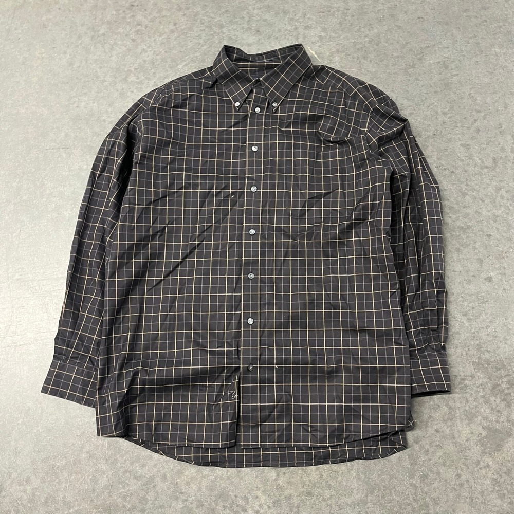 Hathaway Mens XL Non-Iron Cotton Button Down Shirt Black Tan Windowpane Check